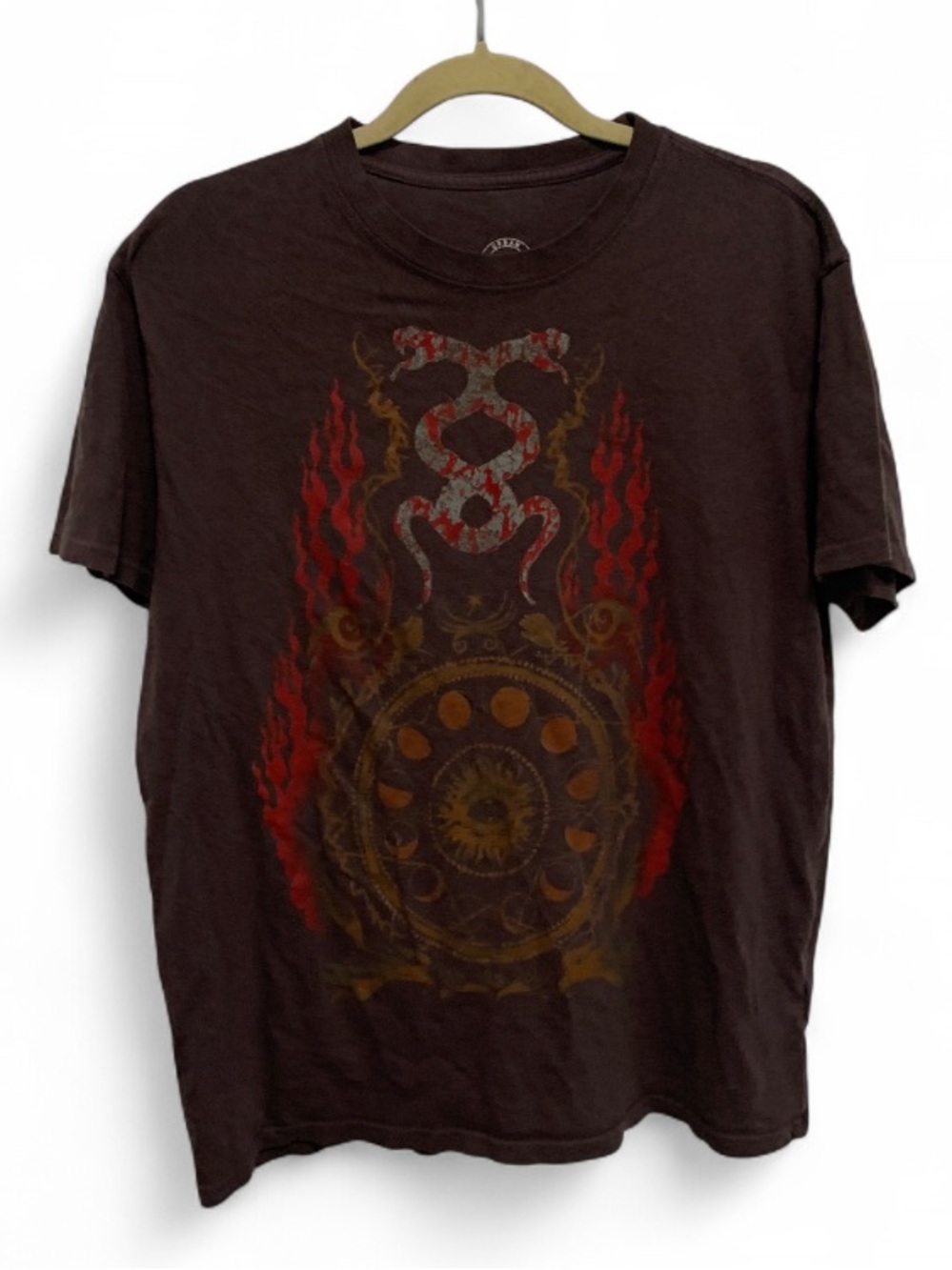 Urban Outfitters Brown Tee with Red Flame and Gold Medallion Graphic